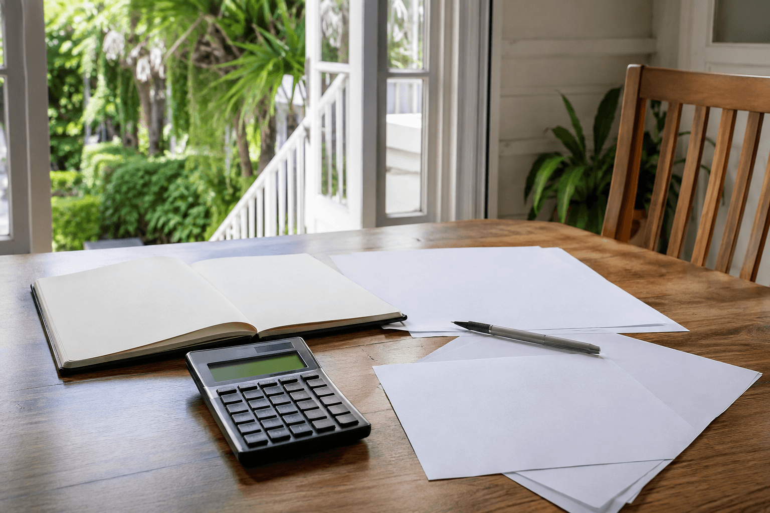 Blank notebook, calculator and papers on a sunlit timber table
