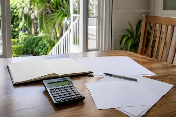 A notebook, calculator and papers on a timber table beside an open door