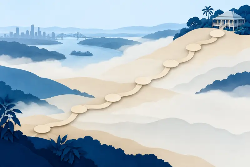 An illustrated path of seven stepping stones rising through Brisbane hills to a Queenslander home