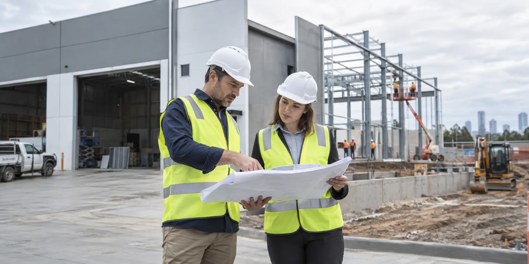 Two people reviewing building plans beside a light-industrial construction site